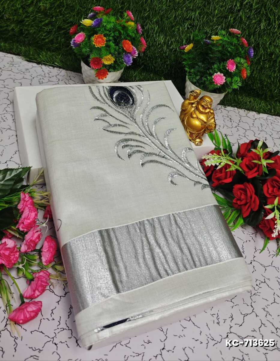 TRENDING KERALA SPECIAL FULL WORK EMBOSSED DIGITAL PRINTING TISSUE SAREE COLLECTIONS - WHITE (39)