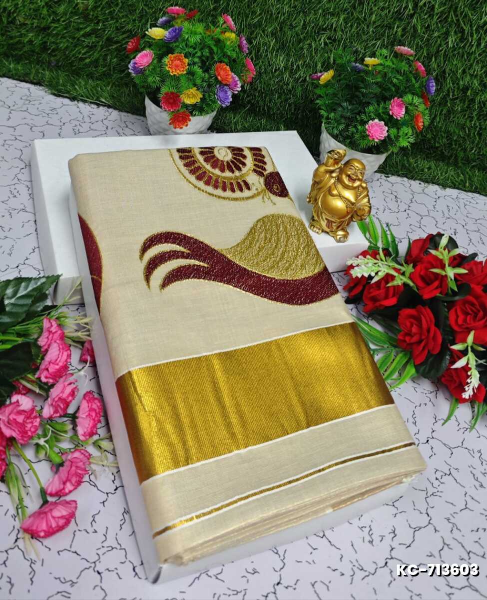 TRENDING KERALA SPECIAL FULL WORK EMBOSSED DIGITAL PRINTING TISSUE SAREE COLLECTIONS - GOLD (7)