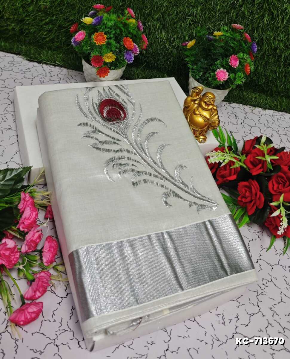 TRENDING KERALA SPECIAL FULL WORK EMBOSSED DIGITAL PRINTING TISSUE SAREE COLLECTIONS - IVORY COLOUR (25)
