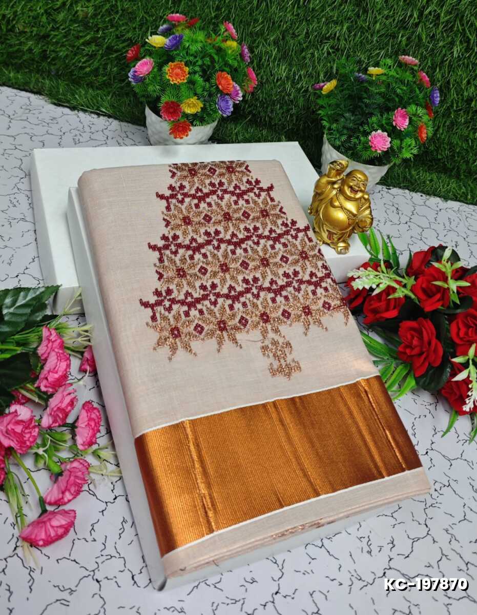 TRENDING KERALA SPECIAL FULL WORK EMBOSSED DIGITAL PRINTING TISSUE SAREE COLLECTIONS - IVORY COLOUR (26)