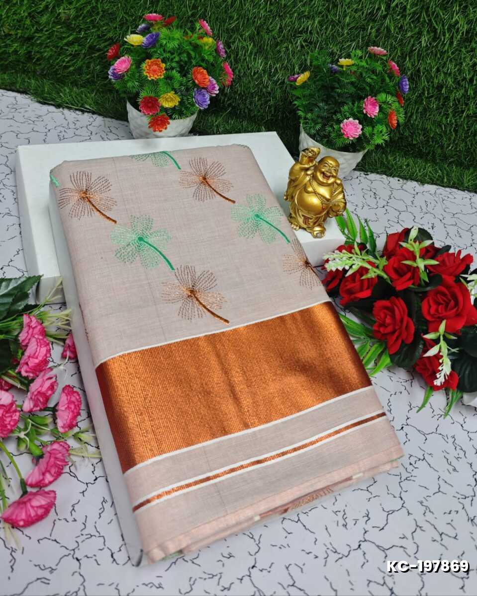TRENDING KERALA SPECIAL FULL WORK EMBOSSED DIGITAL PRINTING TISSUE SAREE COLLECTIONS - BEIGE COLOUR (27)