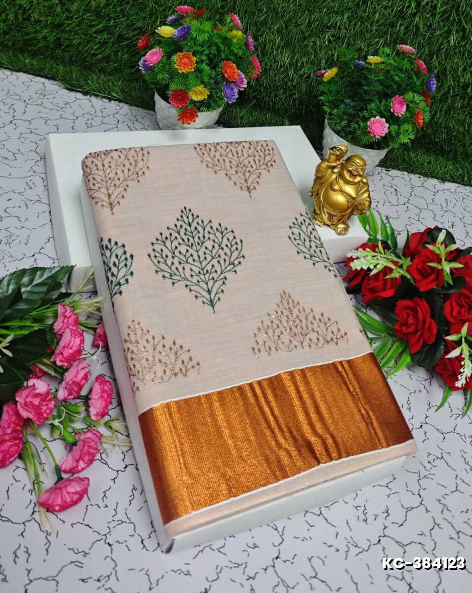 TRENDING KERALA SPECIAL FULL WORK EMBOSSED DIGITAL PRINTING TISSUE SAREE COLLECTIONS - LIGHT SANDLE