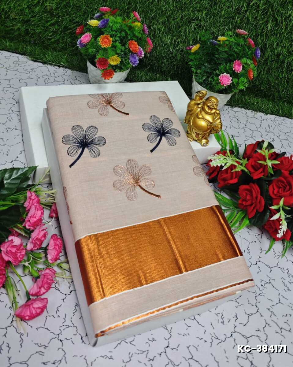TRENDING KERALA SPECIAL FULL WORK EMBOSSED DIGITAL PRINTING TISSUE SAREE COLLECTIONS - PEACH COLOUR (2)