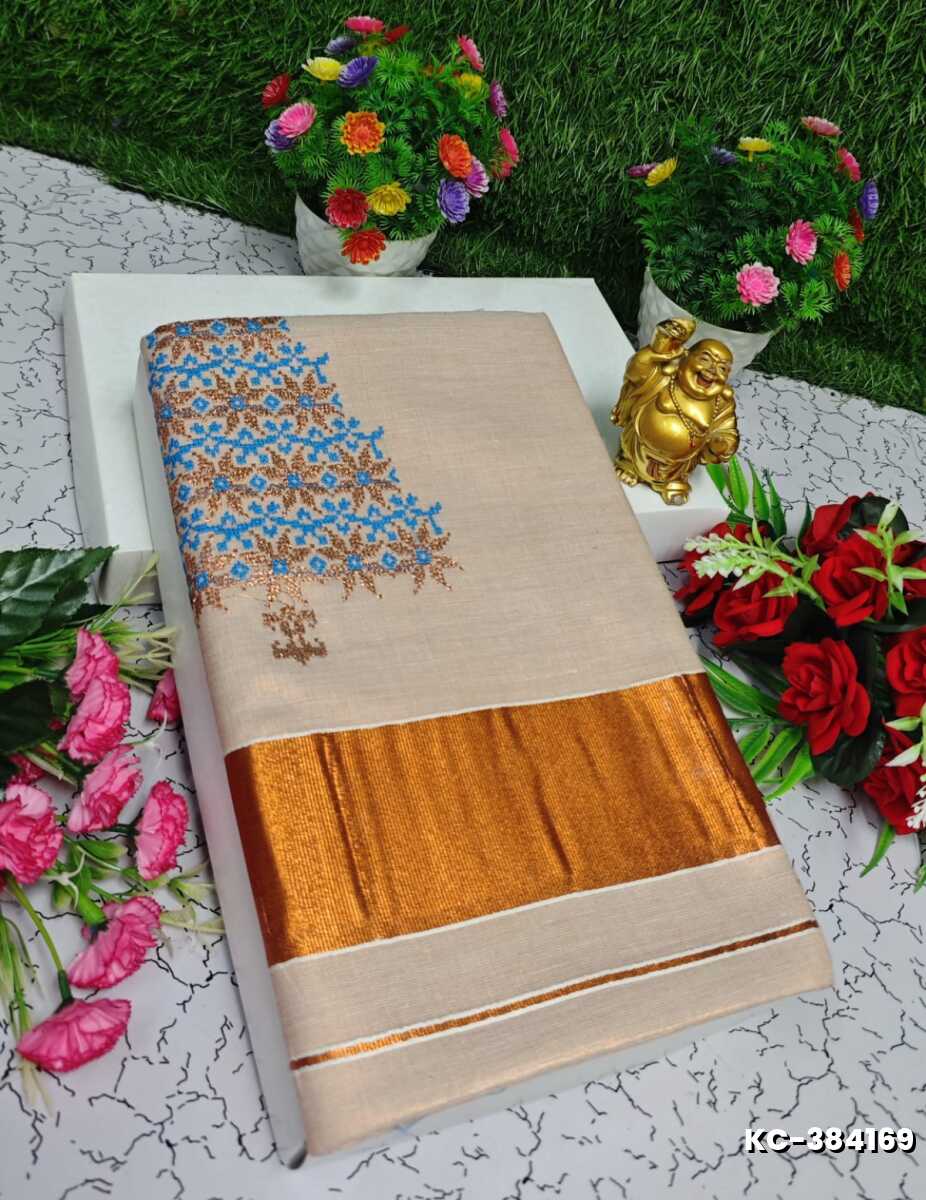 TRENDING KERALA SPECIAL FULL WORK EMBOSSED DIGITAL PRINTING TISSUE SAREE COLLECTIONS - BEIGE COLOUR (28)