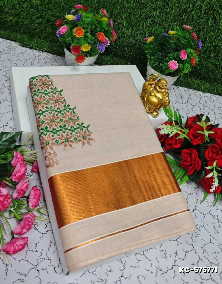TRENDING KERALA SPECIAL FULL WORK EMBOSSED DIGITAL PRINTING TISSUE SAREE COLLECTIONS - PEACH COLOUR (3)