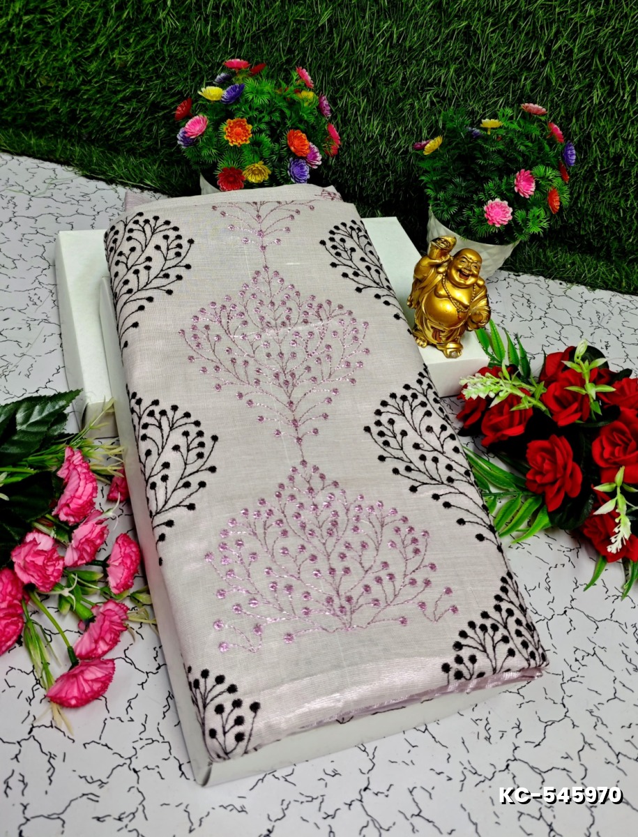 TRENDING KERALA SPECIAL FULL WORK EMBOSSED DIGITAL PRINTING TISSUE SAREE COLLECTIONS - IVORY COLOUR (10)