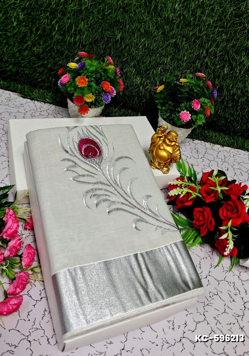 TRENDING KERALA SPECIAL FULL WORK EMBOSSED DIGITAL PRINTING TISSUE SAREE COLLECTIONS - SILVAR (15)