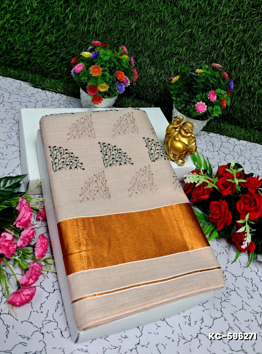 TRENDING KERALA SPECIAL FULL WORK EMBOSSED DIGITAL PRINTING TISSUE SAREE COLLECTIONS - PEACH COLOUR (7)
