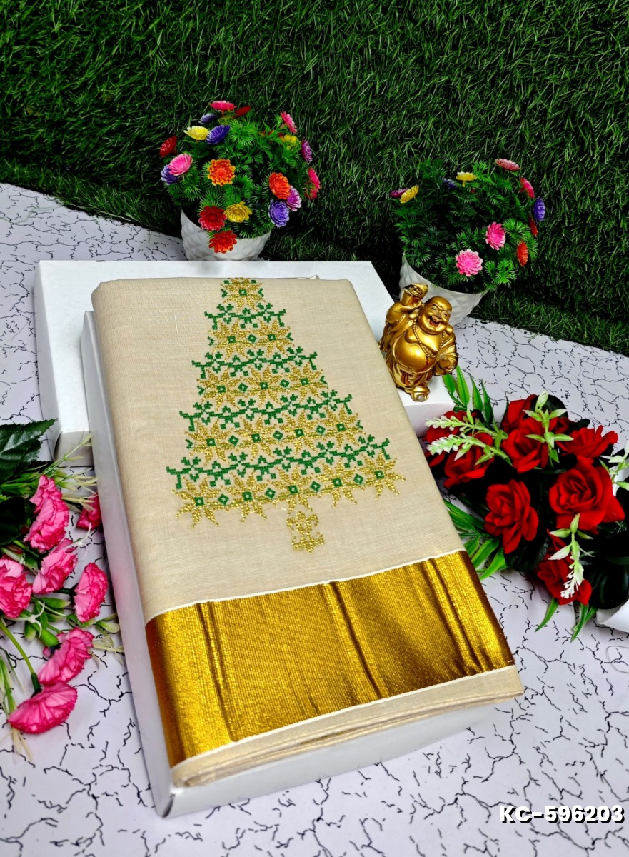 TRENDING KERALA SPECIAL FULL WORK EMBOSSED DIGITAL PRINTING TISSUE SAREE COLLECTIONS - GOLD (11)