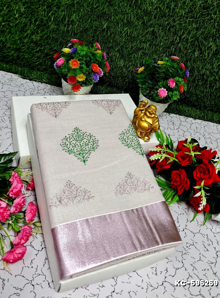 TRENDING KERALA SPECIAL FULL WORK EMBOSSED DIGITAL PRINTING TISSUE SAREE COLLECTIONS - BEIGE COLOUR (32)