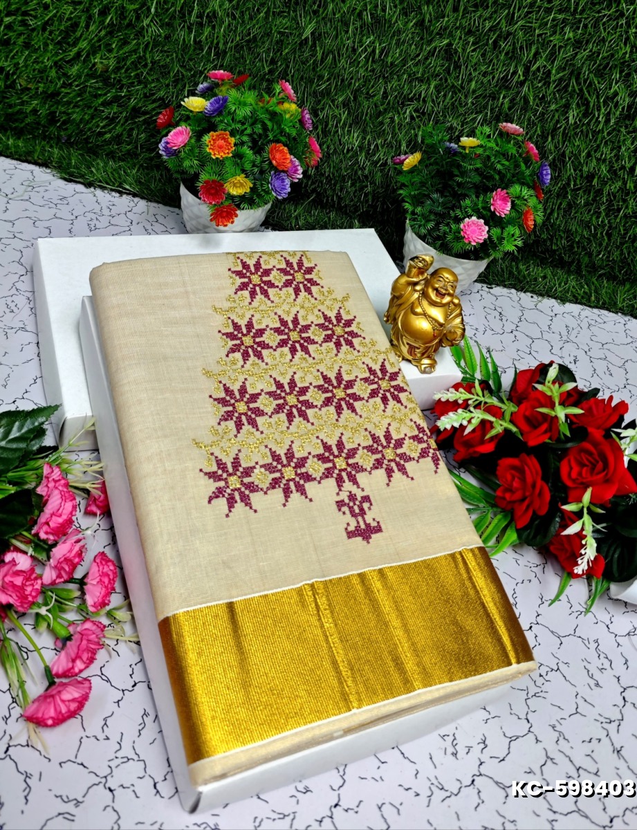 TRENDING KERALA SPECIAL FULL WORK EMBOSSED DIGITAL PRINTING TISSUE SAREE COLLECTIONS - GOLD (10)