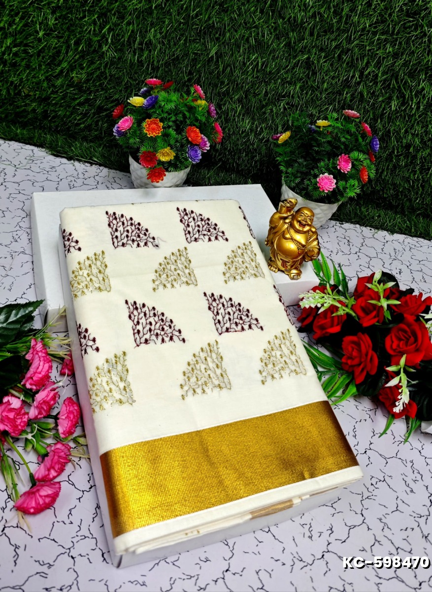 TRENDING KERALA SPECIAL FULL WORK EMBOSSED DIGITAL PRINTING TISSUE SAREE COLLECTIONS - IVORY COLOUR (29)