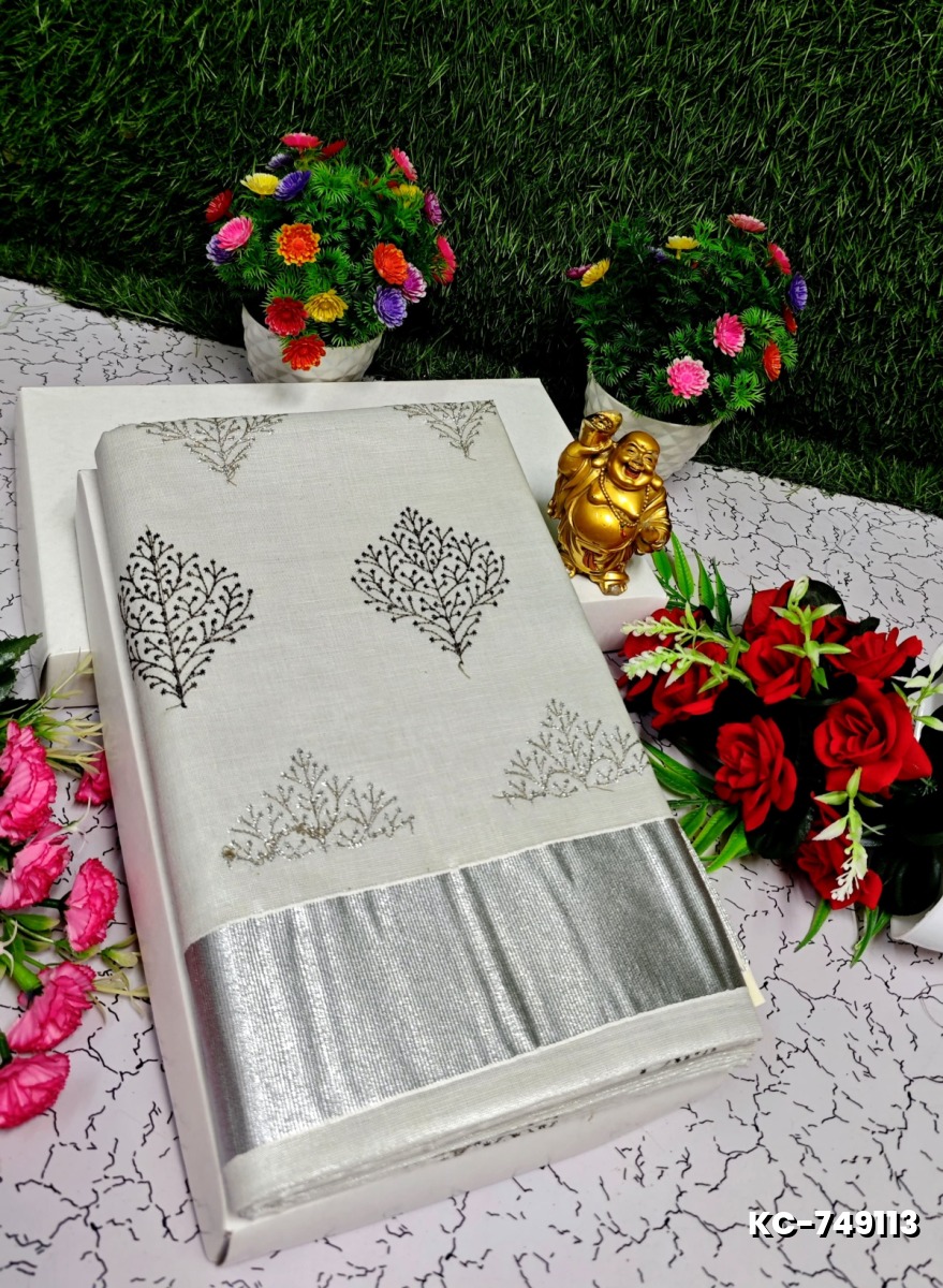 TRENDING KERALA SPECIAL FULL WORK EMBOSSED DIGITAL PRINTING TISSUE SAREE COLLECTIONS - SILVAR (13)