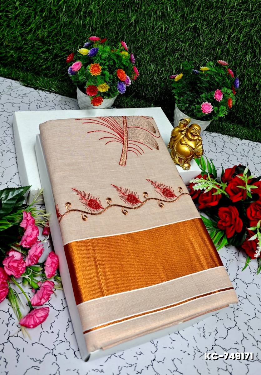 TRENDING KERALA SPECIAL FULL WORK EMBOSSED DIGITAL PRINTING TISSUE SAREE COLLECTIONS - PEACH COLOUR (5)