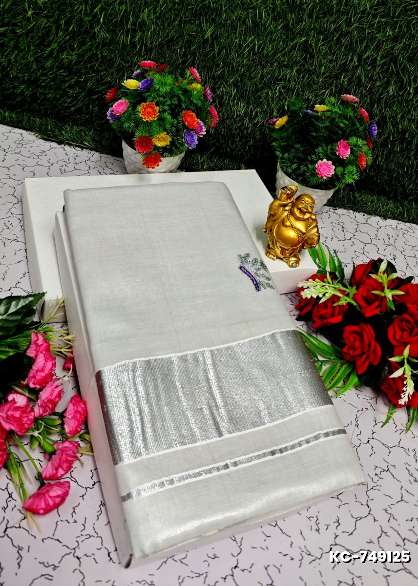 TRENDING KERALA SPECIAL FULL WORK EMBOSSED DIGITAL PRINTING TISSUE SAREE COLLECTIONS - WHITE (41)