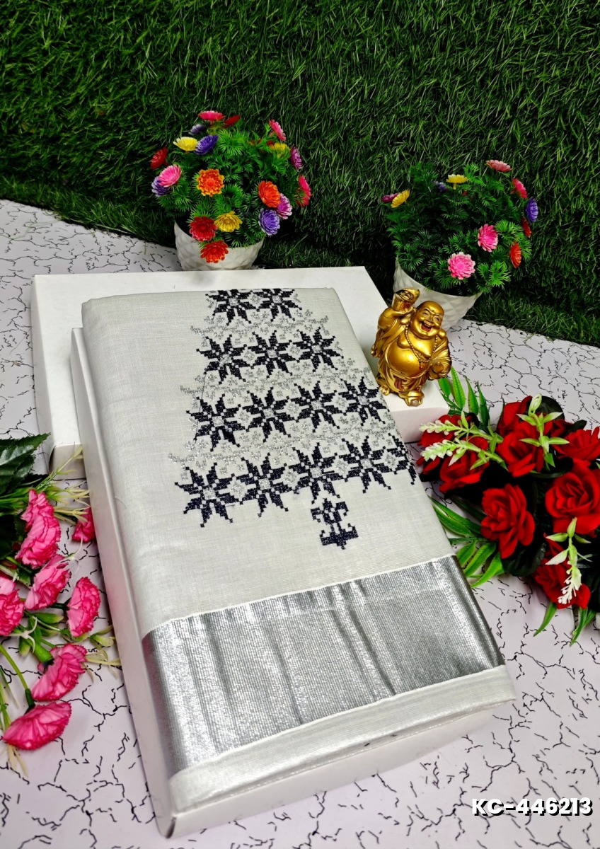 TRENDING KERALA SPECIAL FULL WORK EMBOSSED DIGITAL PRINTING TISSUE SAREE COLLECTIONS - SILVAR (12)