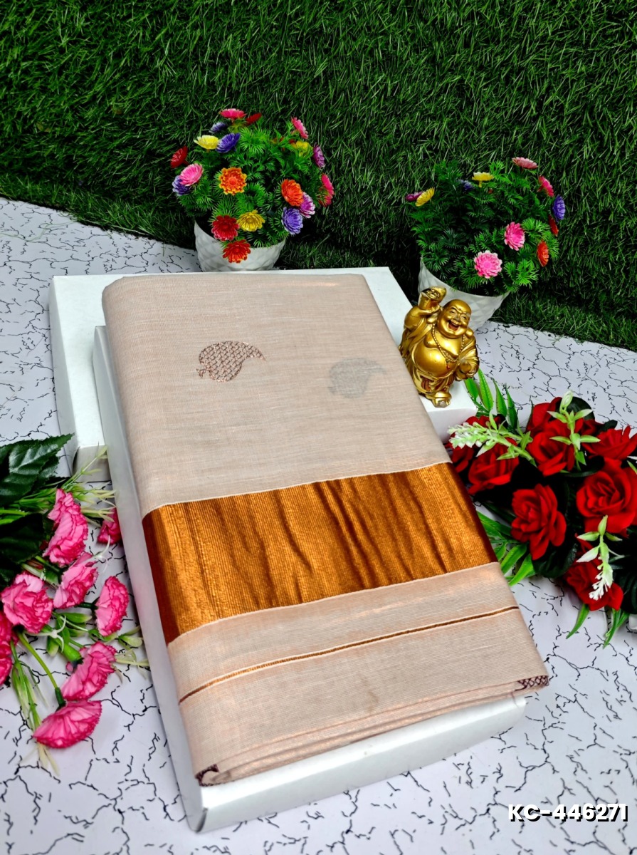TRENDING KERALA SPECIAL FULL WORK EMBOSSED DIGITAL PRINTING TISSUE SAREE COLLECTIONS - PEACH COLOUR (4)