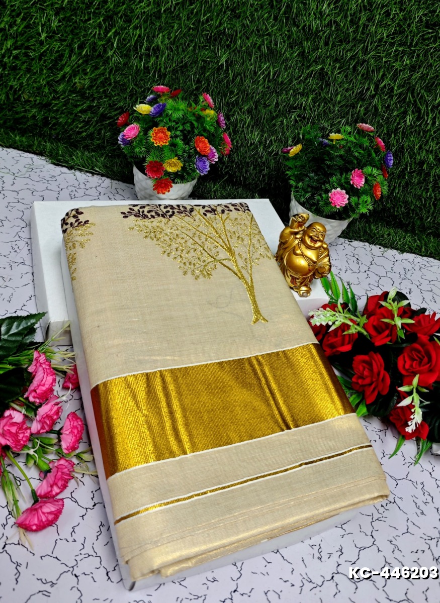 TRENDING KERALA SPECIAL FULL WORK EMBOSSED DIGITAL PRINTING TISSUE SAREE COLLECTIONS - GOLD (8)