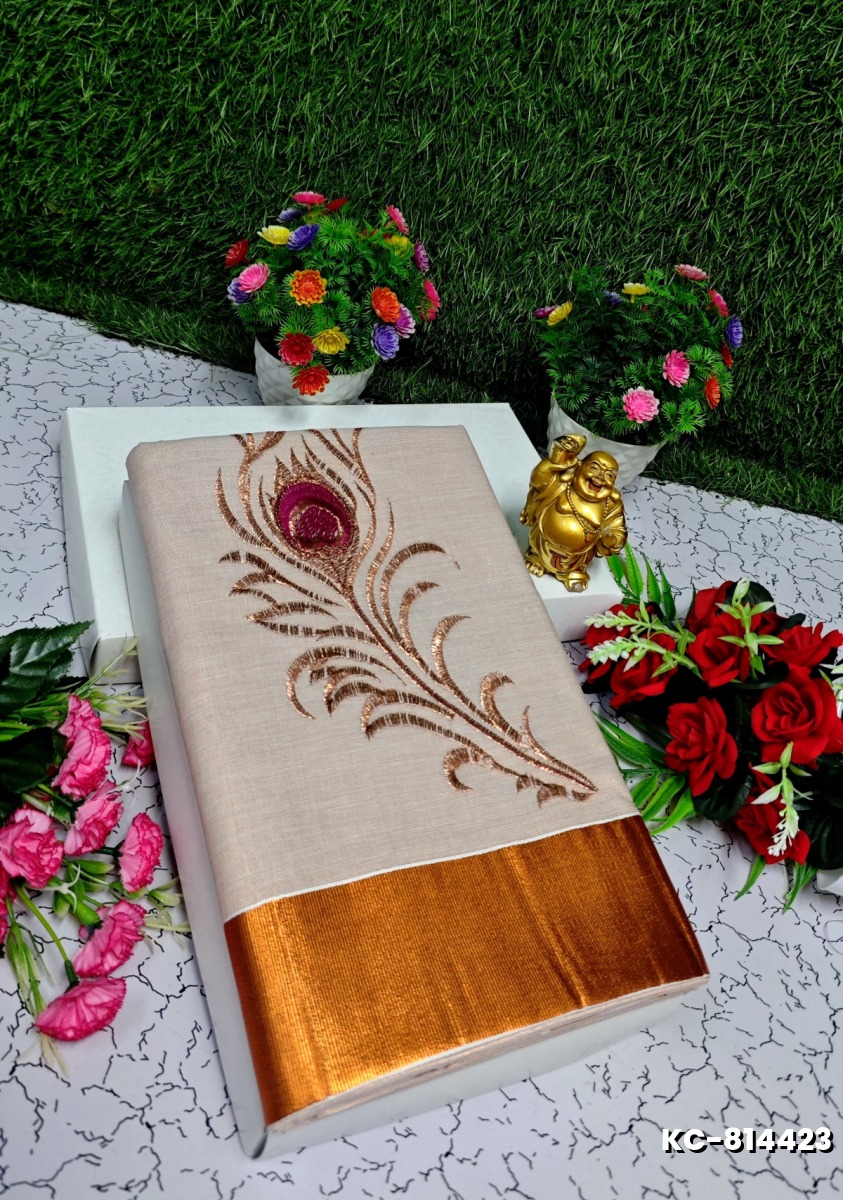 TRENDING KERALA SPECIAL FULL WORK EMBOSSED DIGITAL PRINTING TISSUE SAREE COLLECTIONS - LIGHT SANDLE (6)