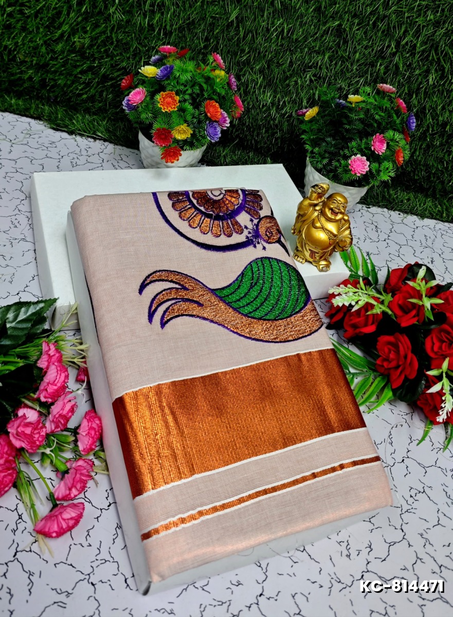 TRENDING KERALA SPECIAL FULL WORK EMBOSSED DIGITAL PRINTING TISSUE SAREE COLLECTIONS - PEACH COLOUR (8)
