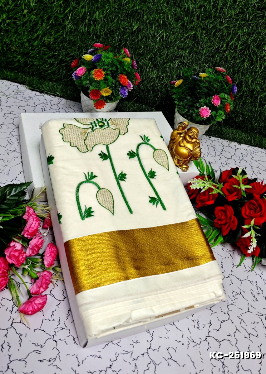 TRENDING KERALA SPECIAL FULL WORK EMBOSSED DIGITAL PRINTING TISSUE SAREE COLLECTIONS - BEIGE COLOUR (34)
