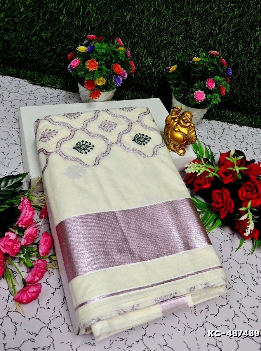 TRENDING KERALA SPECIAL FULL WORK EMBOSSED DIGITAL PRINTING TISSUE SAREE COLLECTIONS - BEIGE COLOUR (36)