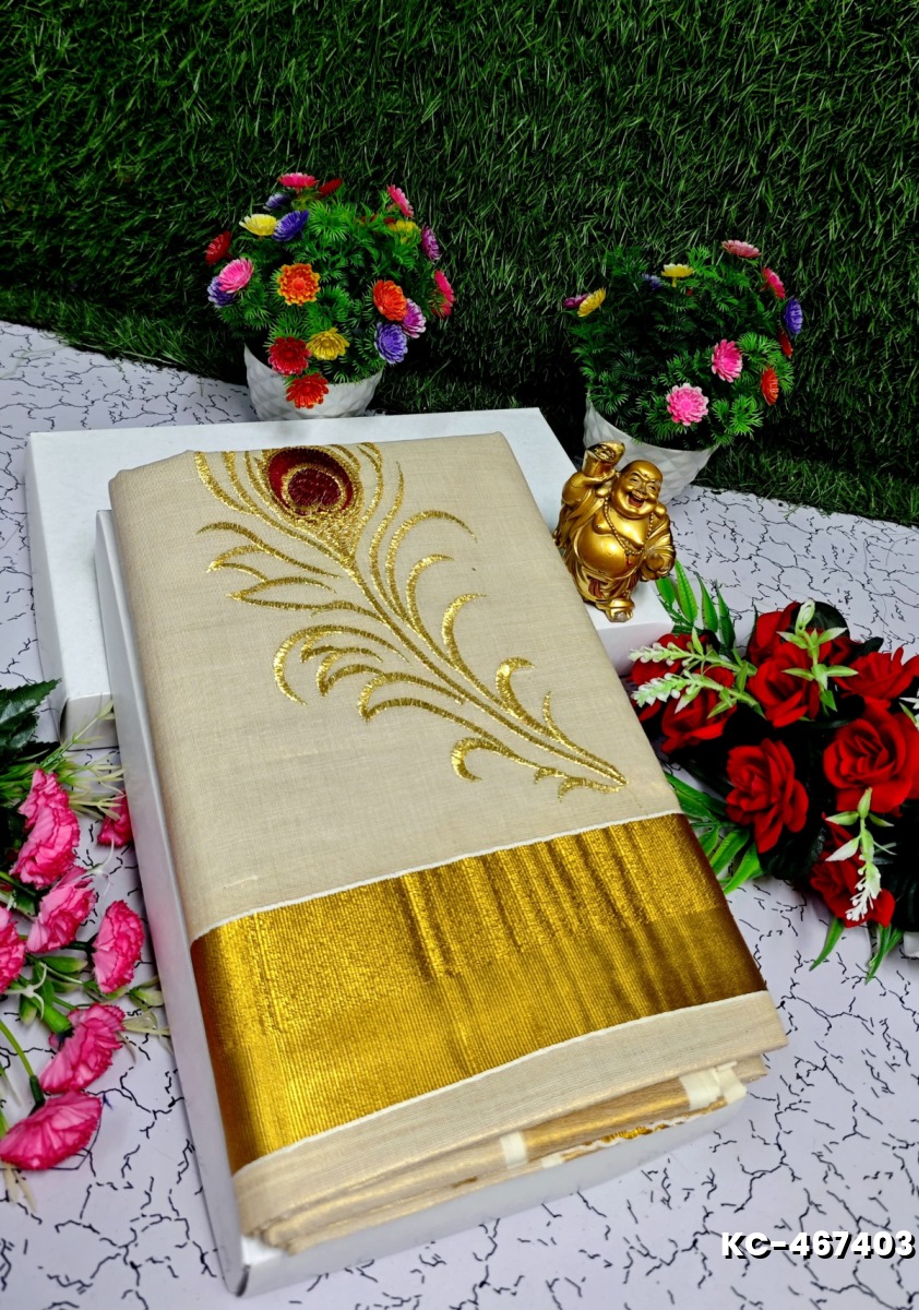 TRENDING KERALA SPECIAL FULL WORK EMBOSSED DIGITAL PRINTING TISSUE SAREE COLLECTIONS - GOLD (14)