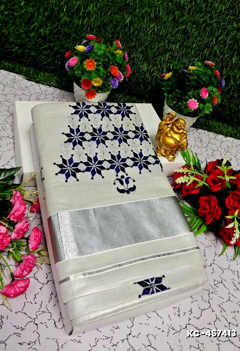 TRENDING KERALA SPECIAL FULL WORK EMBOSSED DIGITAL PRINTING TISSUE SAREE COLLECTIONS - SILVAR (18)