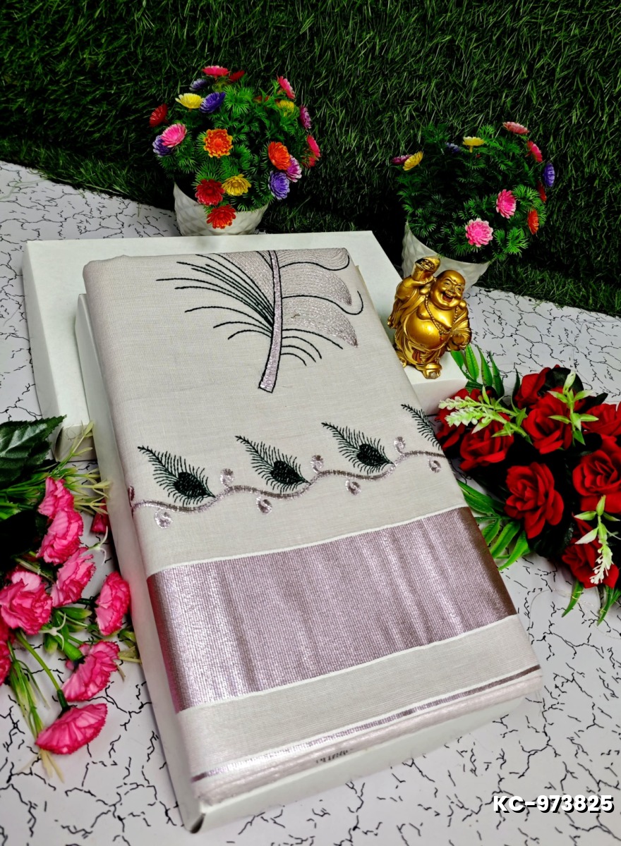 TRENDING KERALA SPECIAL FULL WORK EMBOSSED DIGITAL PRINTING TISSUE SAREE COLLECTIONS - WHITE (48)