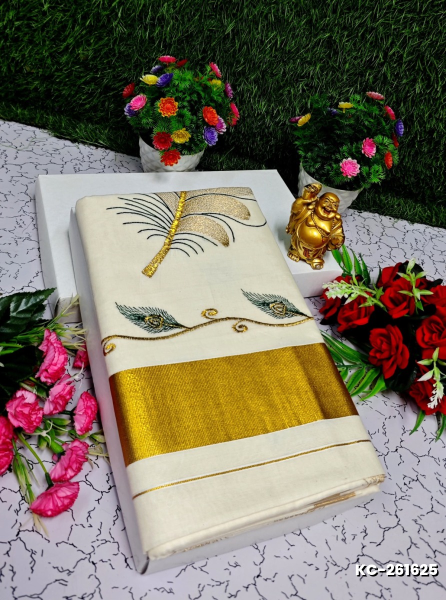 TRENDING KERALA SPECIAL FULL WORK EMBOSSED DIGITAL PRINTING TISSUE SAREE COLLECTIONS - WHITE (49)