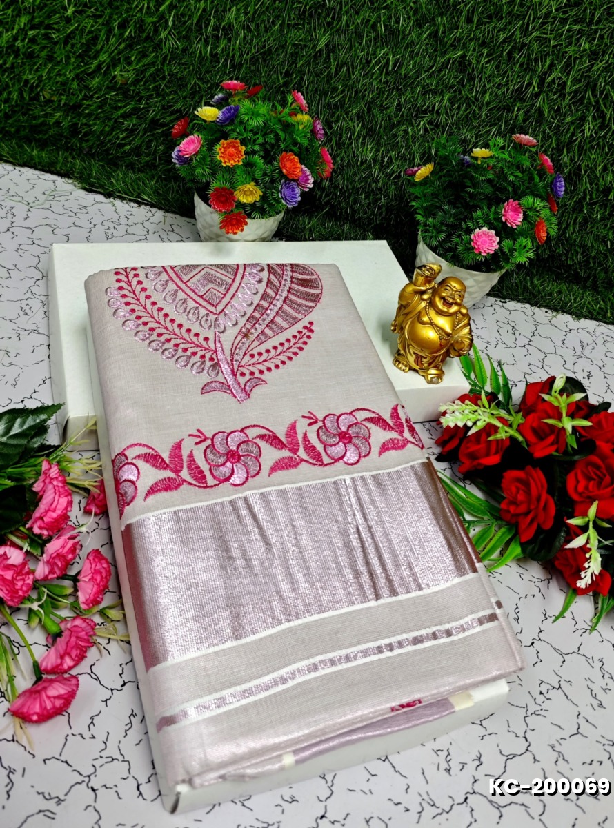 TRENDING KERALA SPECIAL FULL WORK EMBOSSED DIGITAL PRINTING TISSUE SAREE COLLECTIONS - BEIGE COLOUR (40)