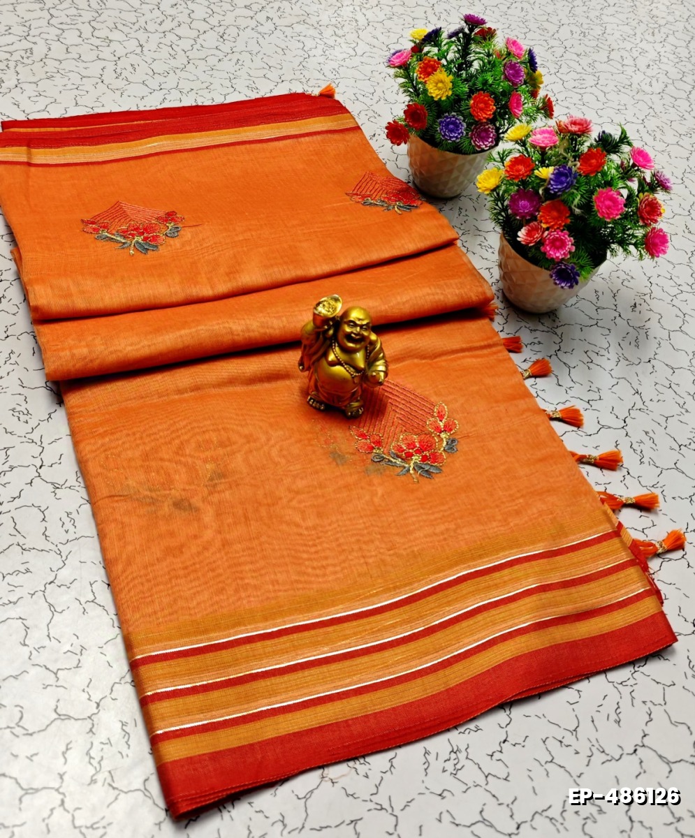 DIGITAL EMBROIDERY PRINTING COTTON SAREES - ORANGE N