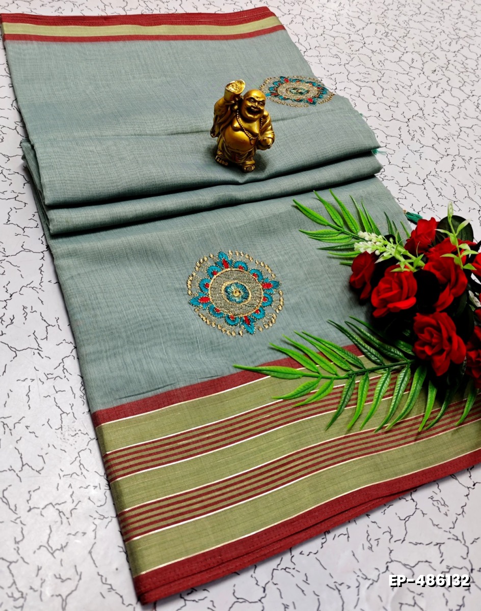 DIGITAL EMBROIDERY PRINTING COTTON SAREES - LIGHT SKY BLUE (1)
