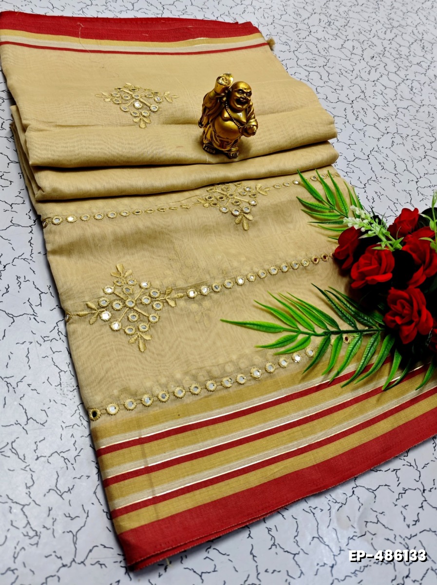 DIGITAL EMBROIDERY PRINTING COTTON SAREES - CREAM (4)