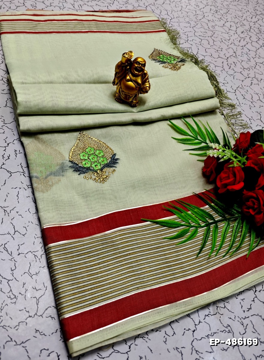 DIGITAL EMBROIDERY PRINTING COTTON SAREES - BEIGE COLOUR (1)