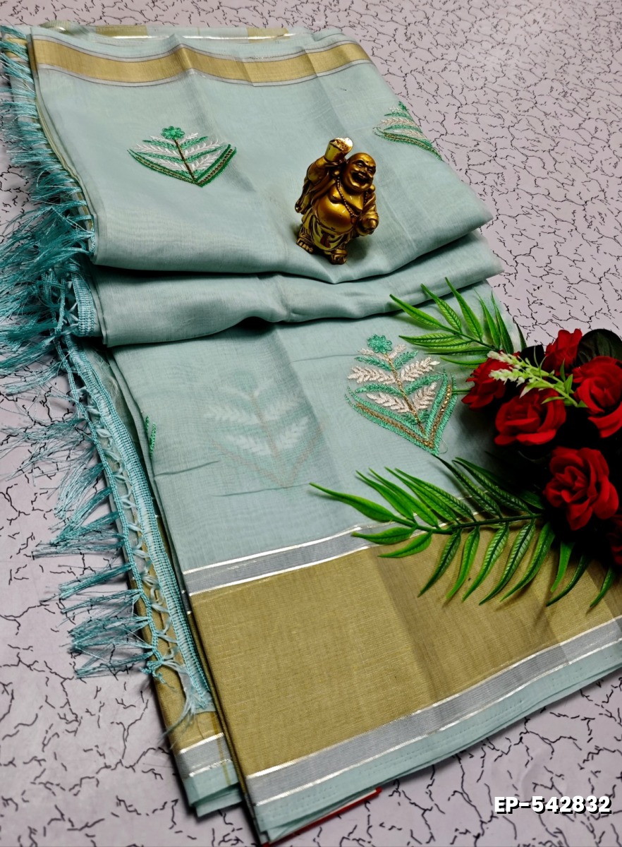 DIGITAL EMBROIDERY PRINTING COTTON SAREES - LIGHT SKY BLUE (2)