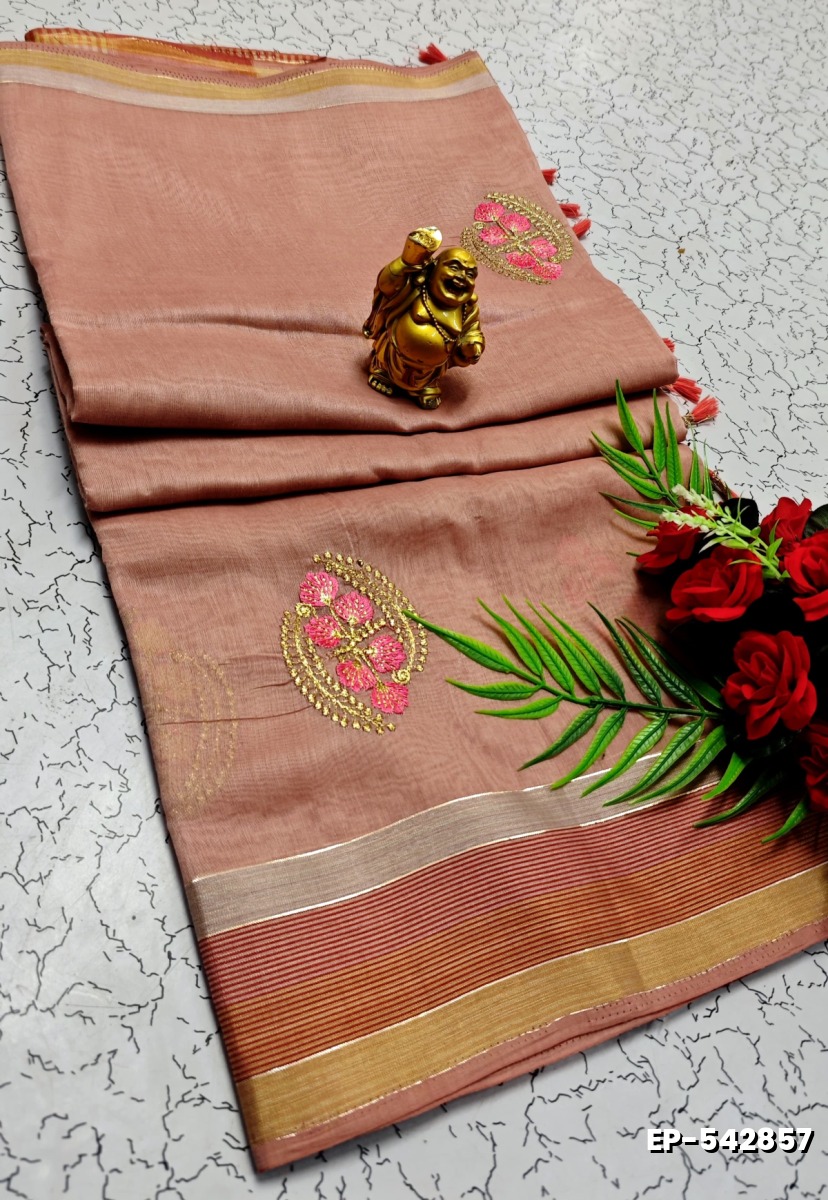 DIGITAL EMBROIDERY PRINTING COTTON SAREES - LIGHT ORANGE