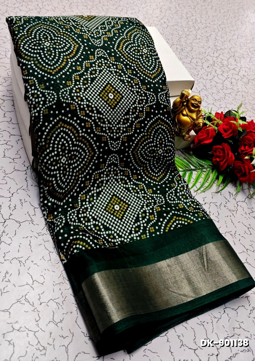 DIGITAL PRINTING DOLA SILK COTTON SAREES - DARK GREEN
