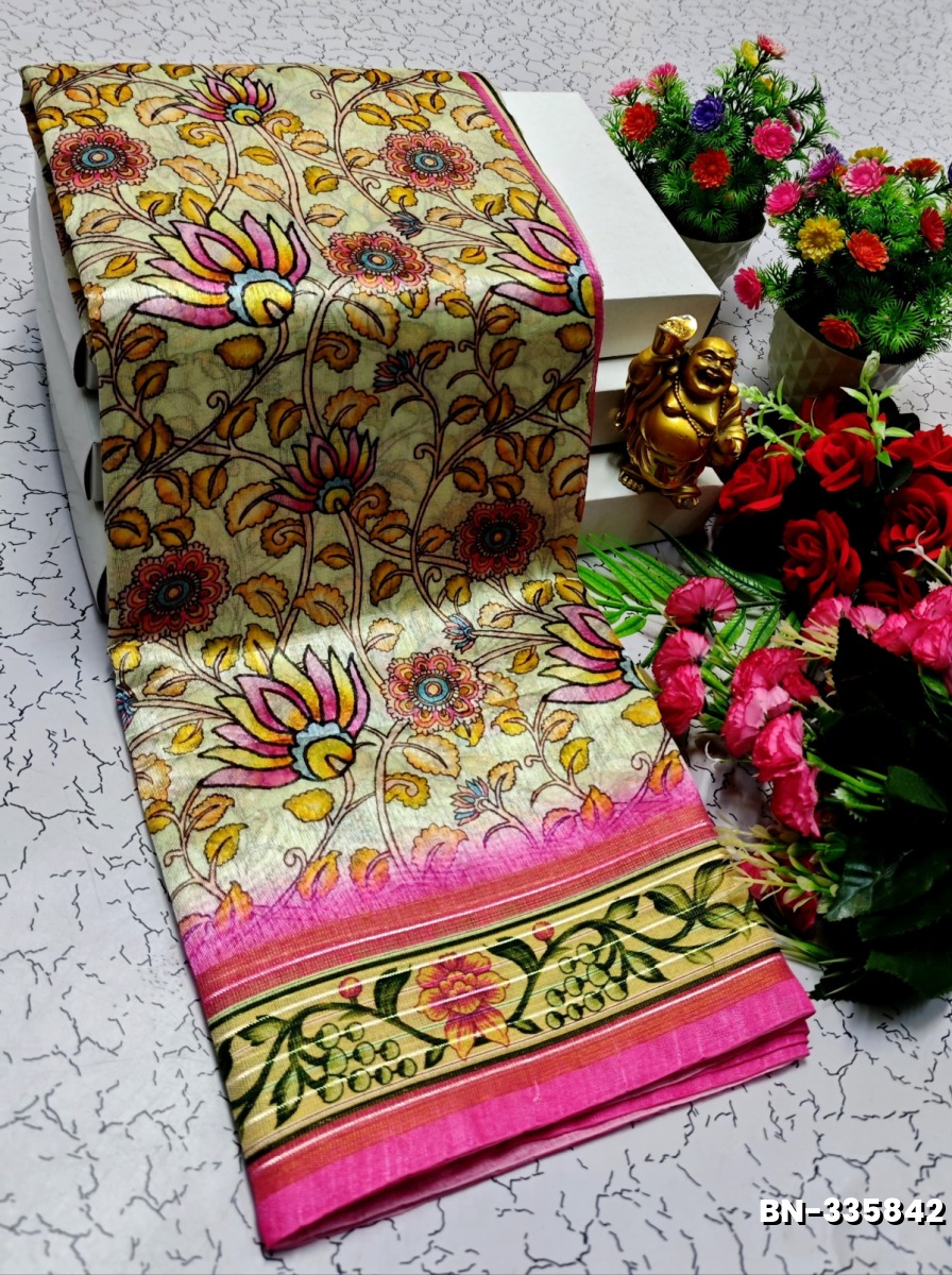 DESIGNER SOFT BANARASI SILK WITH KALAMKARI THEME  EXCLUSIVE MODEL WITH PURE ZARI  BORDER - LIGHT PEACH