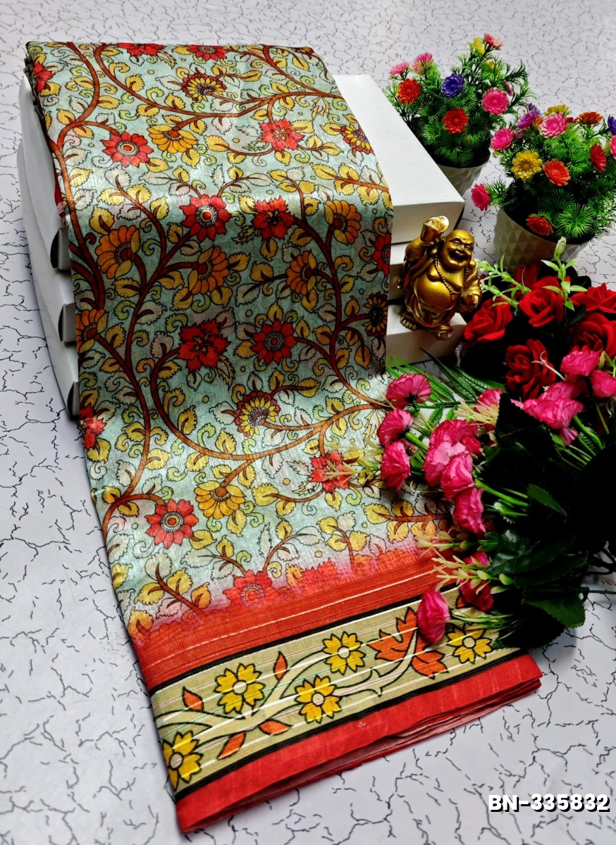 DESIGNER SOFT BANARASI SILK WITH KALAMKARI THEME  EXCLUSIVE MODEL WITH PURE ZARI  BORDER - LIGHT SKY BLUE