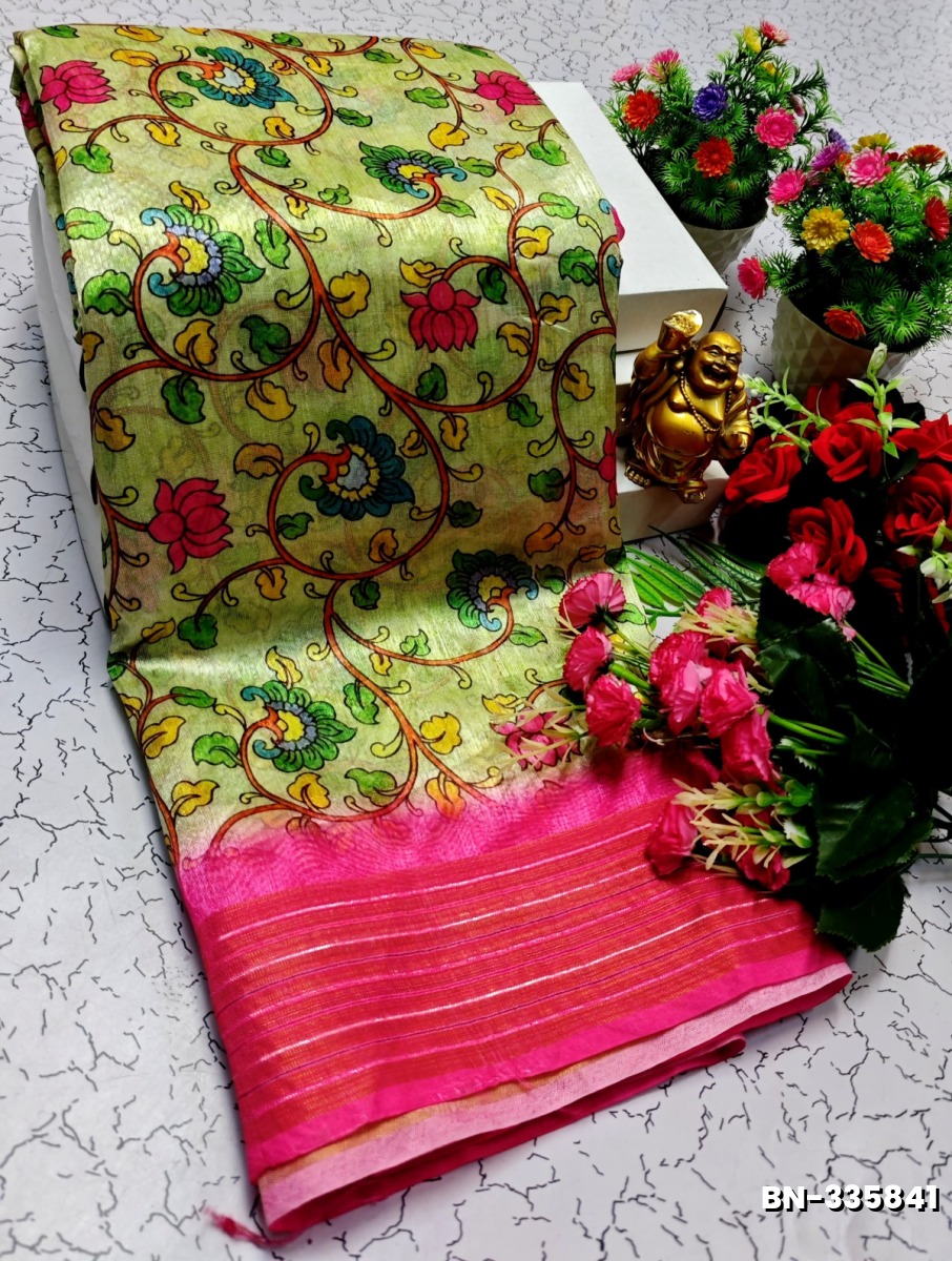 DESIGNER SOFT BANARASI SILK WITH KALAMKARI THEME  EXCLUSIVE MODEL WITH PURE ZARI  BORDER - LIGHT GREEN