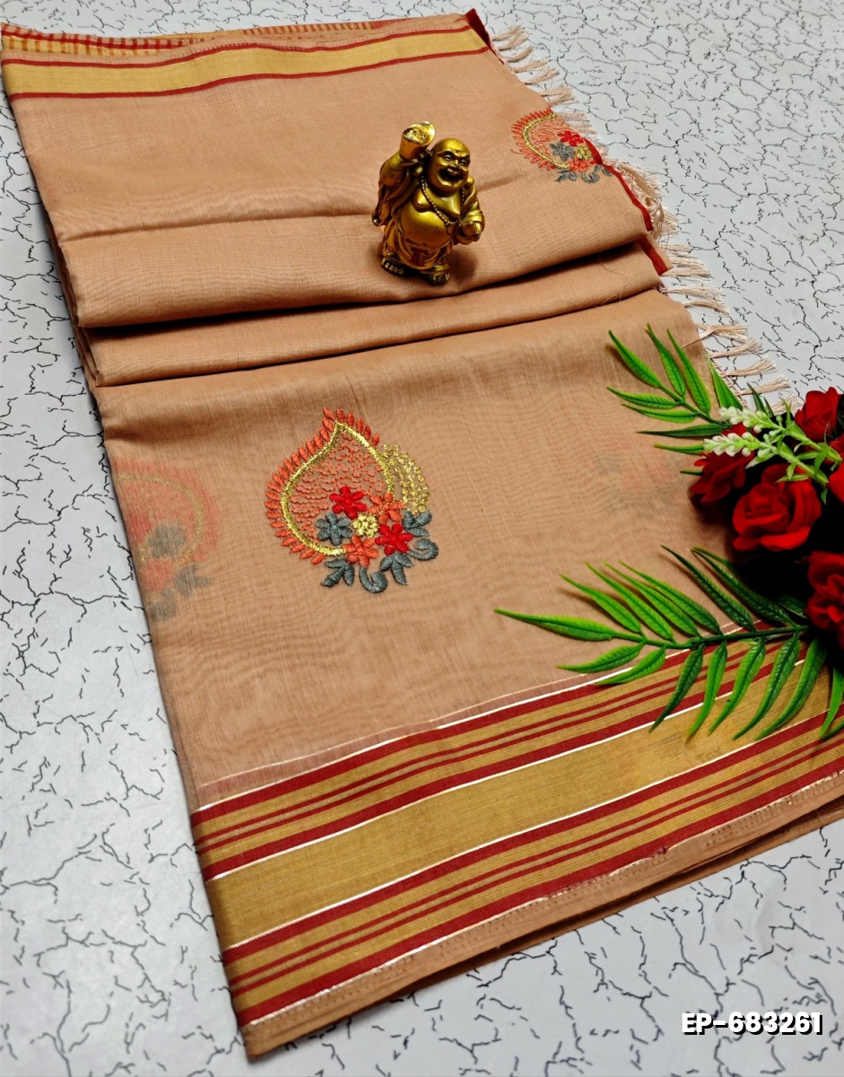 DIGITAL EMBROIDERY PRINTING COTTON SAREES - YELLOW COLOR