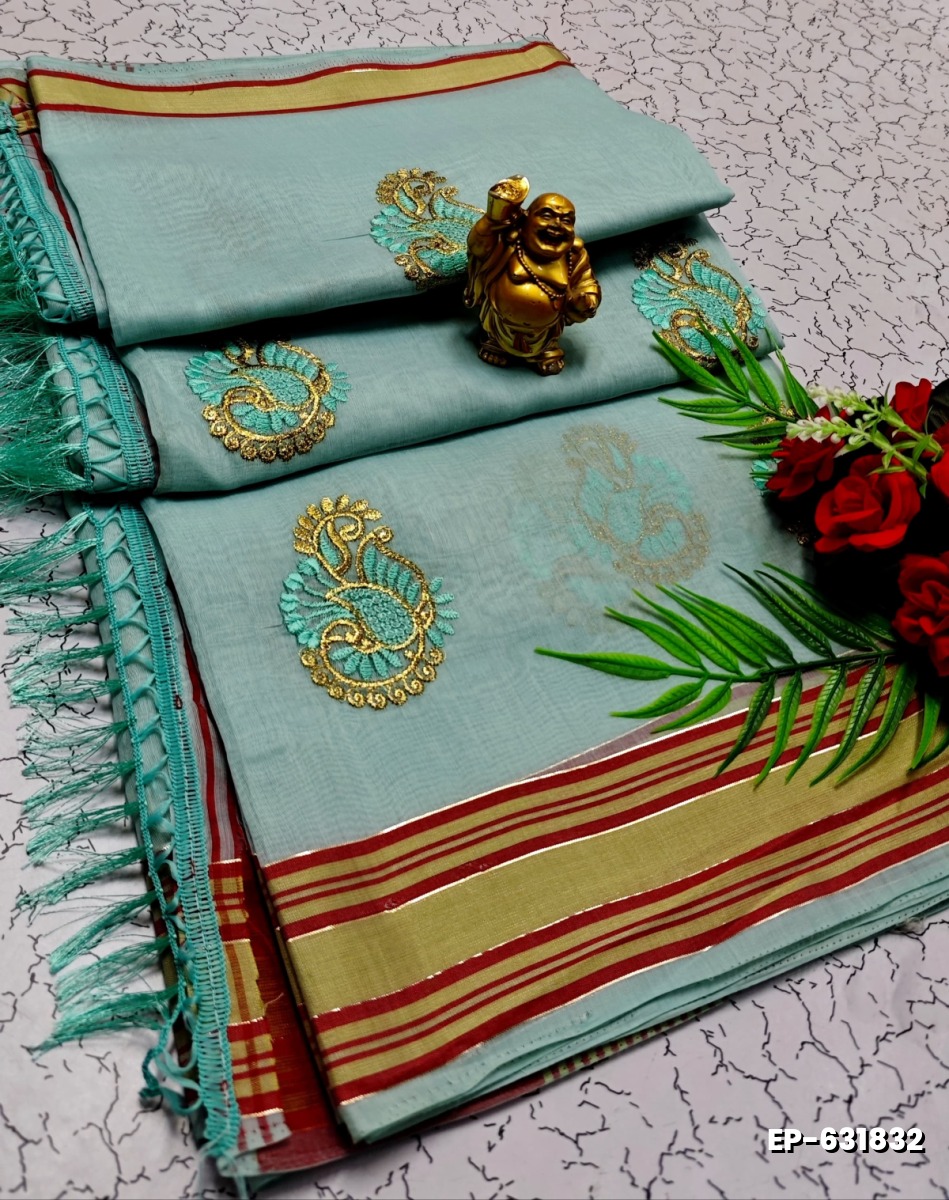 DIGITAL EMBROIDERY PRINTING COTTON SAREES - LIGHT SKY BLUE (4)