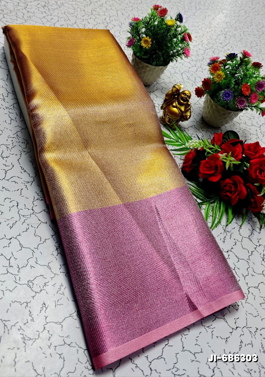 JYOTHIKA INSPIRED TRENDING TISSUE SILK SAREES WITH PINK BORDER - GOLD