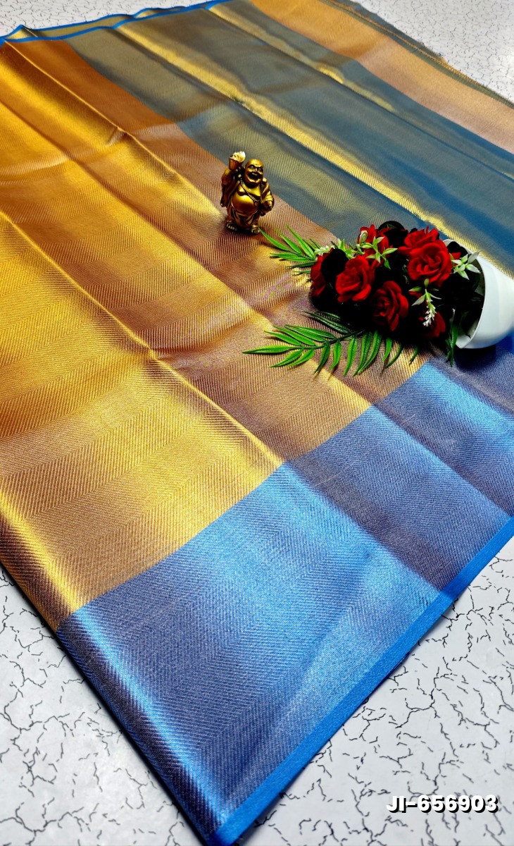 JYOTHIKA INSPIRED TRENDING TISSUE SILK SAREES WITH BLUE BORDER - GOLD