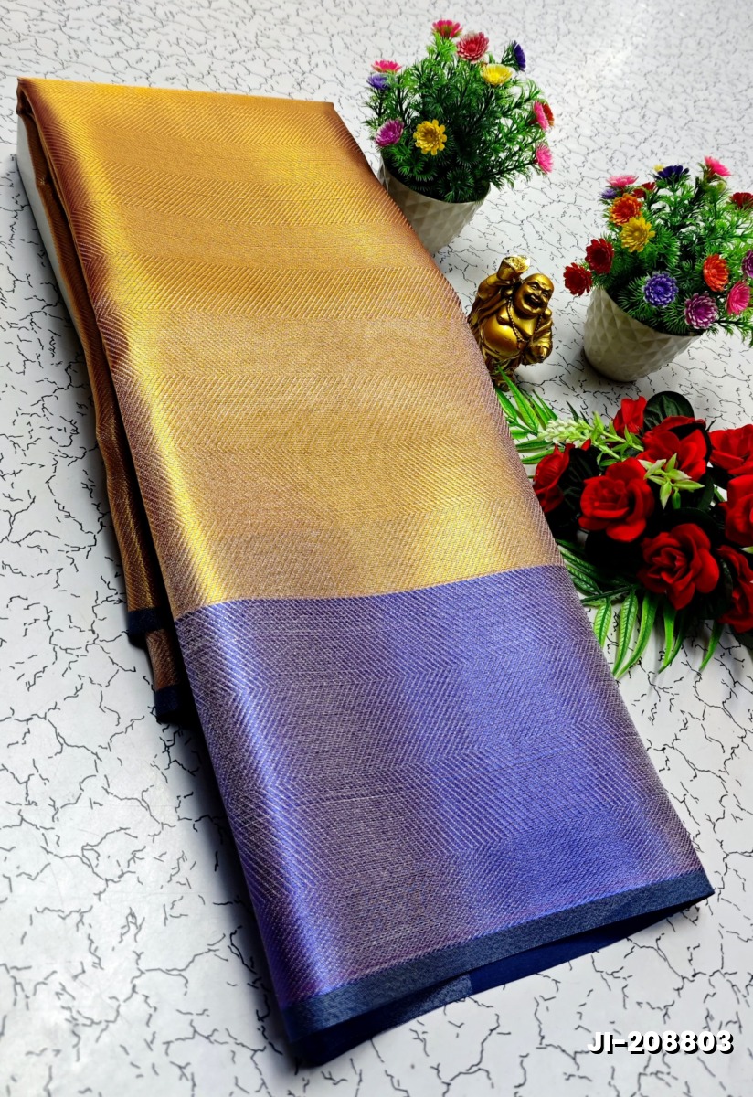 JYOTHIKA INSPIRED TRENDING TISSUE SILK SAREES WITH NAVY BLUE BORDER - GOLD