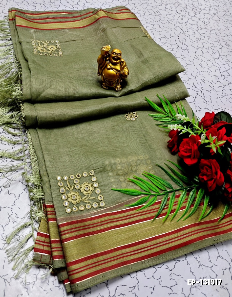 DIGITAL EMBROIDERY PRINTING COTTON SAREES - OLIVE GREEN