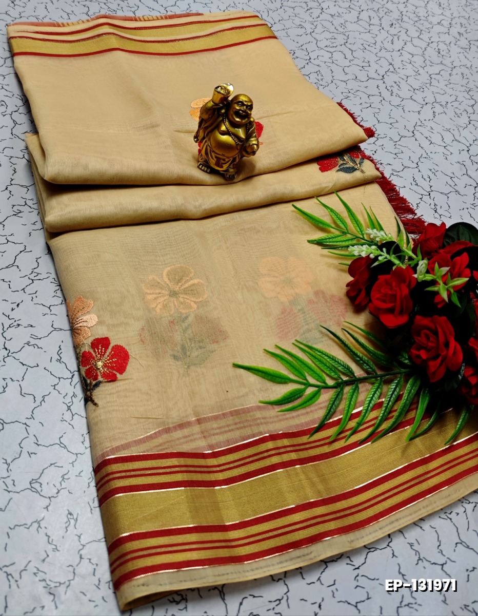 DIGITAL EMBROIDERY PRINTING COTTON SAREES - PEACH COLOUR (1)