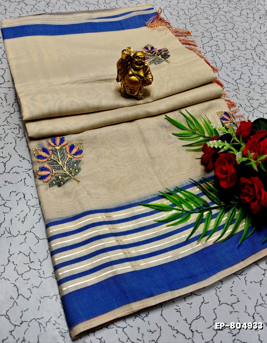 DIGITAL EMBROIDERY PRINTING COTTON SAREES - CREAM (10)