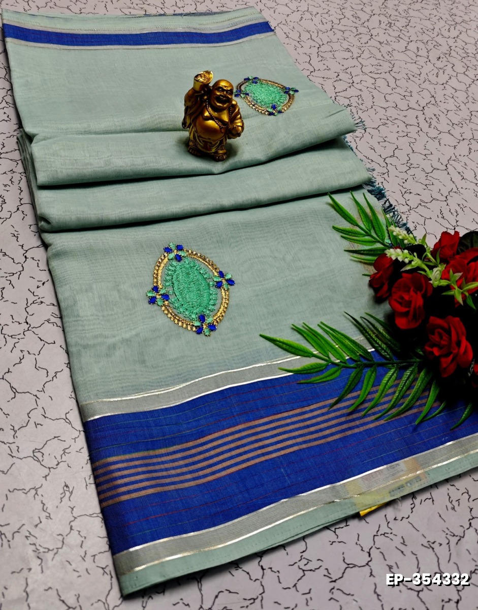 DIGITAL EMBROIDERY PRINTING COTTON SAREES - LIGHT SKY BLUE (7)
